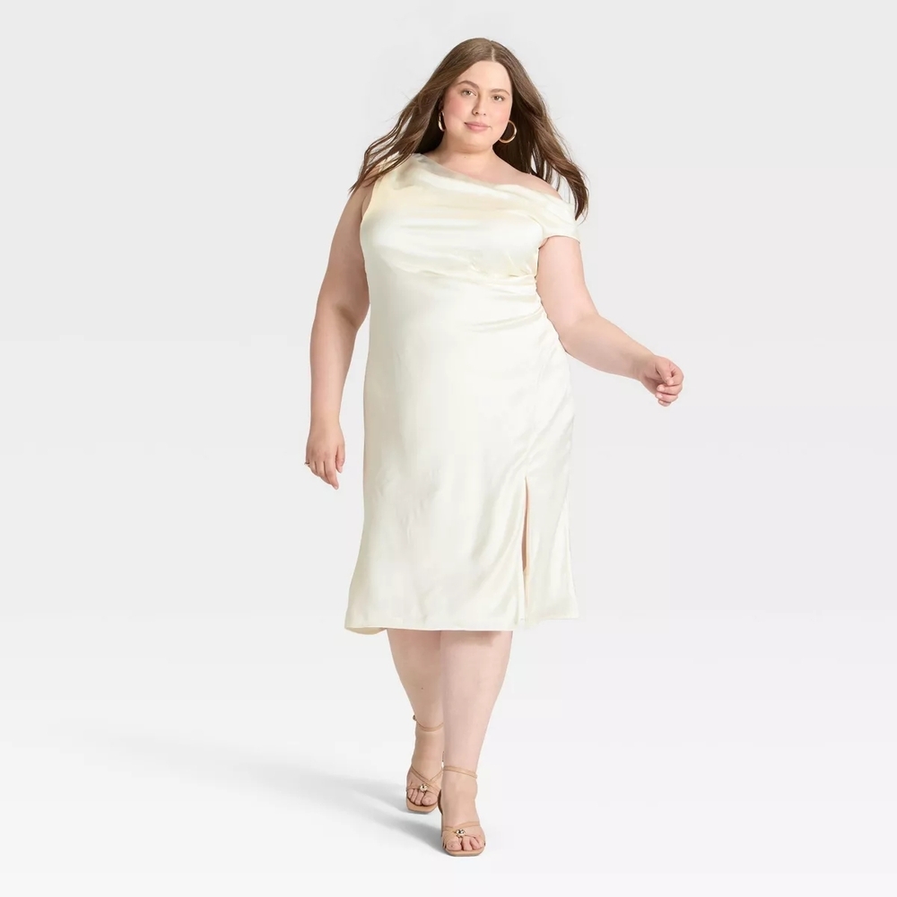 A New Day NWT Cream Satin Short Sleeve Shift Midi Dress 1X - Picture 3 of 4